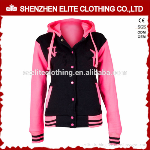 women pink custom hooded varsity jacket with hoodie